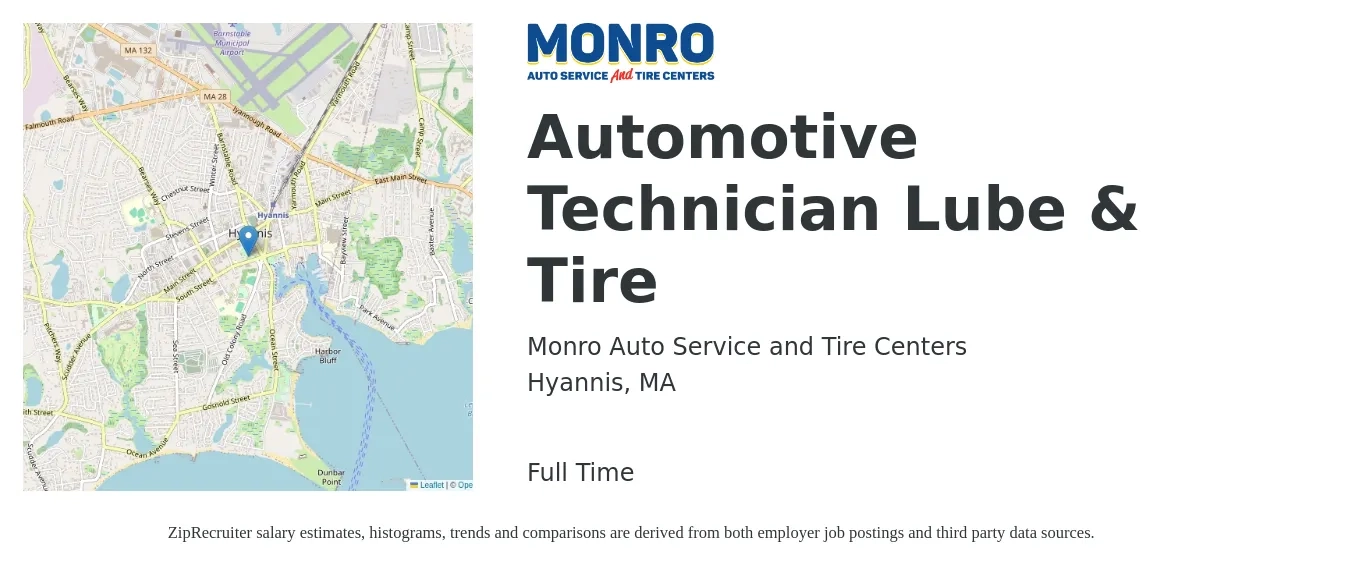 Monro Auto Service and Tire Centers job posting for a Automotive Technician Lube & Tire in Hyannis, MA with a salary of $15 to $20 Hourly with a map of Hyannis location.