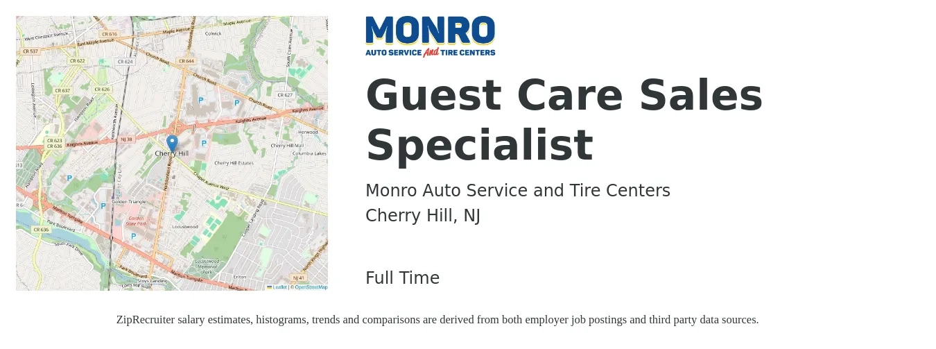 Monro Auto Service and Tire Centers job posting for a Guest Care Sales Specialist in Cherry Hill, NJ with a salary of $18 to $31 Hourly with a map of Cherry Hill location.