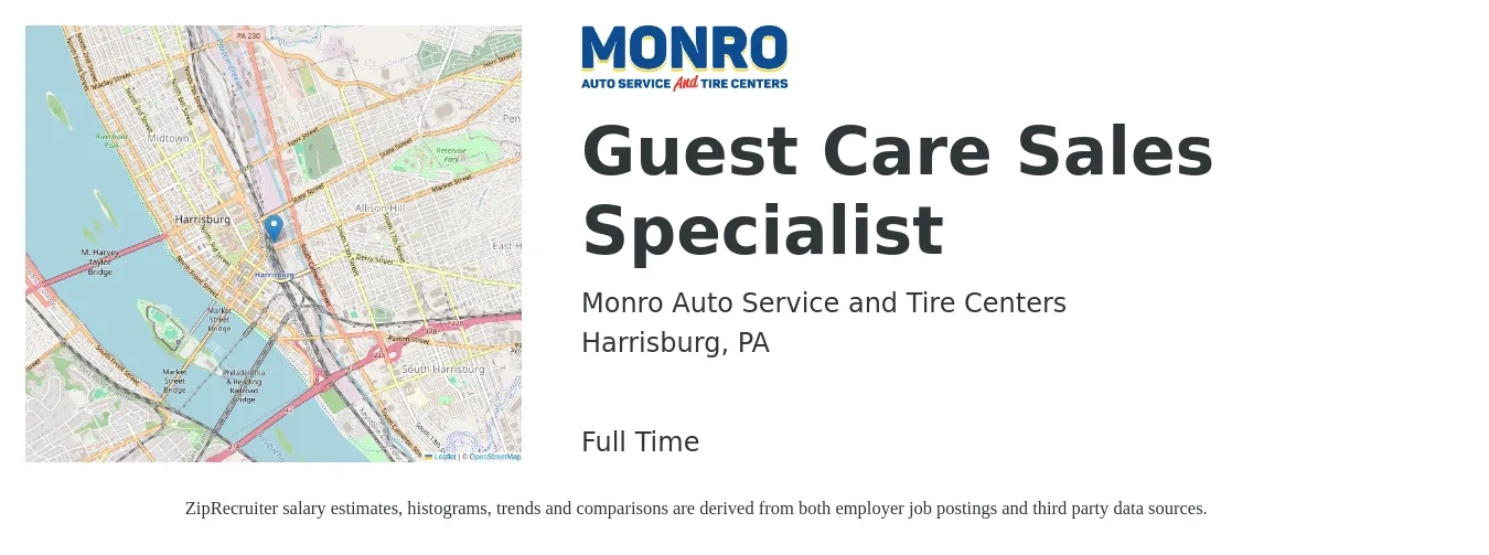 Monro Auto Service and Tire Centers job posting for a Guest Care Sales Specialist in Harrisburg, PA with a salary of $18 to $31 Hourly with a map of Harrisburg location.