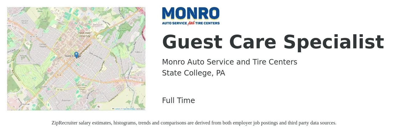 Monro Auto Service and Tire Centers job posting for a Guest Care Specialist in State College, PA with a salary of $14 to $18 Hourly with a map of State College location.