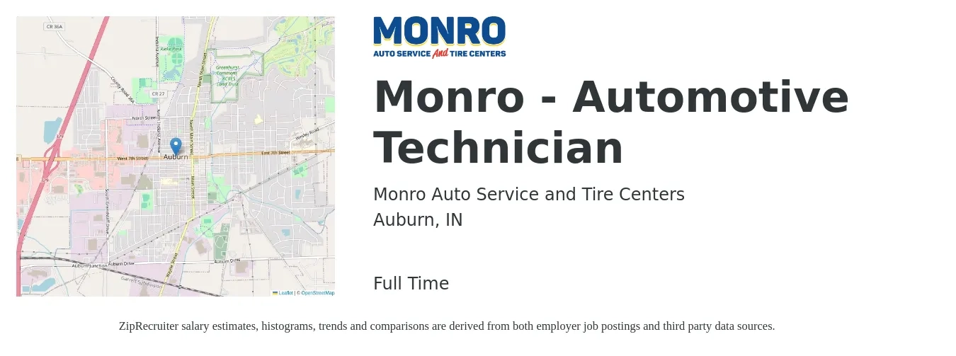 Monro Auto Service and Tire Centers job posting for a Monro - Automotive Technician in Auburn, IN with a salary of $20 to $32 Hourly with a map of Auburn location.