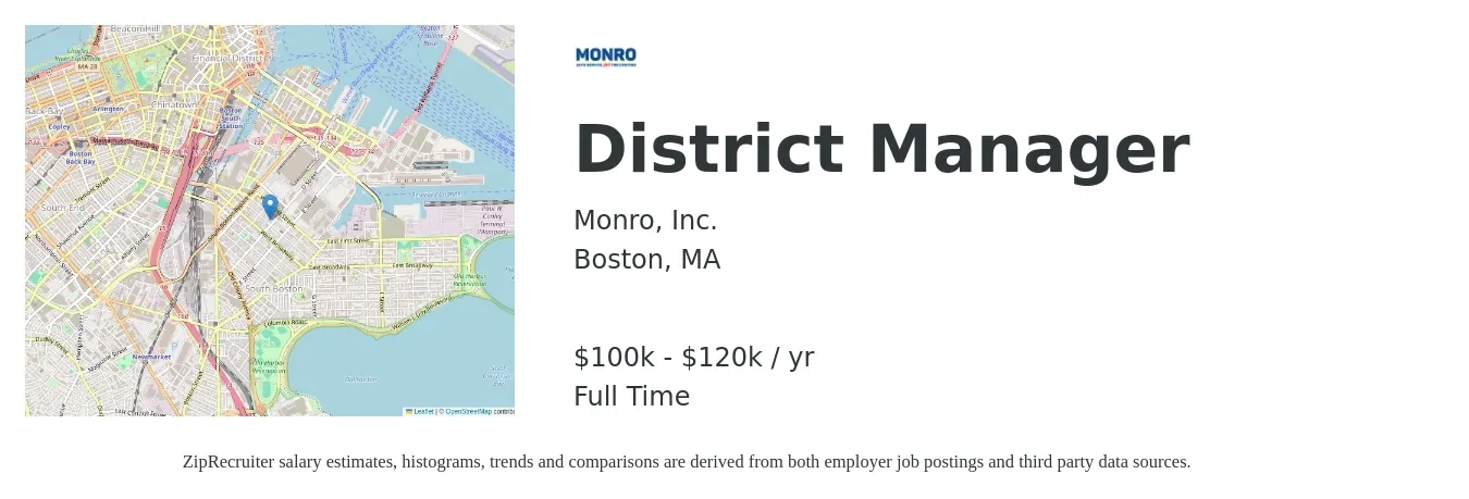 Monro Inc. job posting for a District Manager in Boston, MA with a salary of $100,000 to $120,000 Yearly with a map of Boston location.