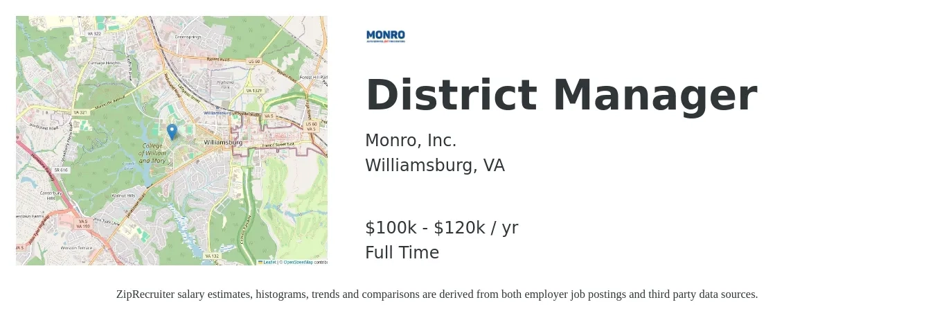 Monro Inc. job posting for a District Manager in Williamsburg, VA with a salary of $100,000 to $120,000 Yearly with a map of Williamsburg location.