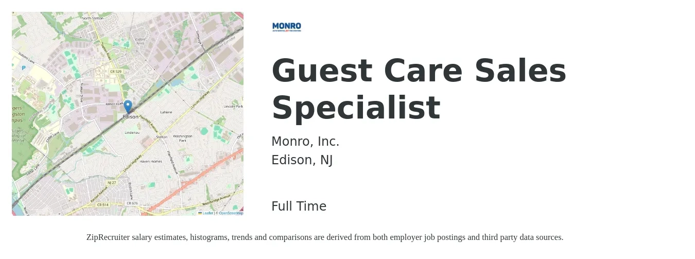 Monro Inc. job posting for a Guest Care Sales Specialist in Edison, NJ with a salary of $19 to $32 Hourly with a map of Edison location.