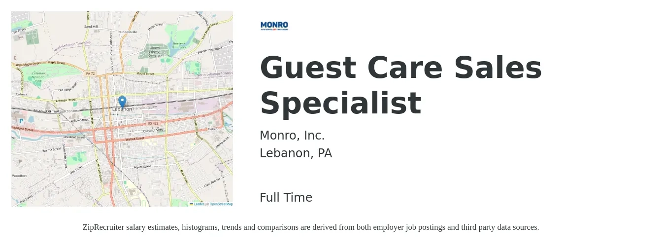 Monro Inc. job posting for a Guest Care Sales Specialist in Lebanon, PA with a salary of $18 to $31 Hourly with a map of Lebanon location.