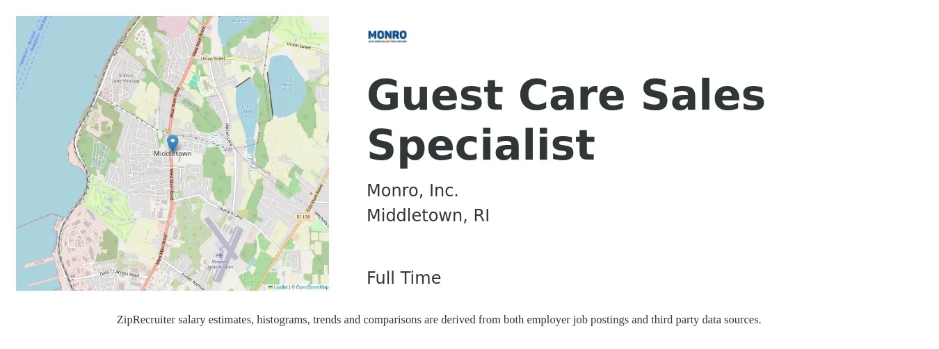 Monro Inc. job posting for a Guest Care Sales Specialist in Middletown, RI with a salary of $18 to $31 Hourly with a map of Middletown location.
