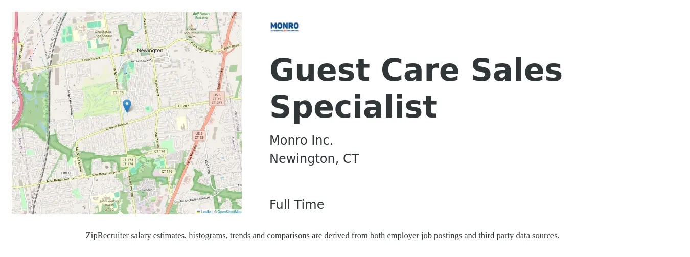 Monro, Inc. job posting for a Guest Care Sales Specialist in Newington, CT with a salary of $18 to $31 Hourly with a map of Newington location.