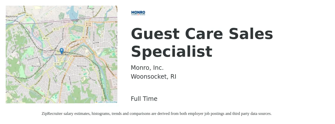 Monro Inc. job posting for a Guest Care Sales Specialist in Woonsocket, RI with a salary of $17 to $30 Hourly with a map of Woonsocket location.