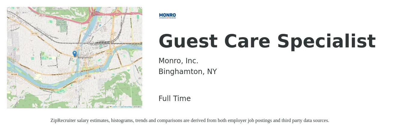 Monro Inc. job posting for a Guest Care Specialist in Binghamton, NY with a salary of $13 to $17 Hourly with a map of Binghamton location.