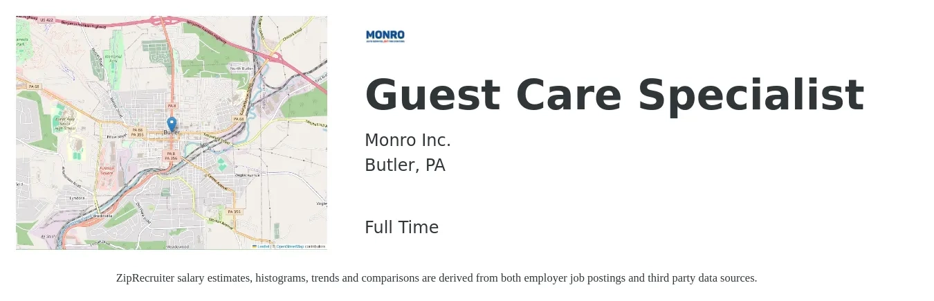 Monro, Inc. job posting for a Guest Care Specialist in Butler, PA with a salary of $12 to $16 Hourly with a map of Butler location.