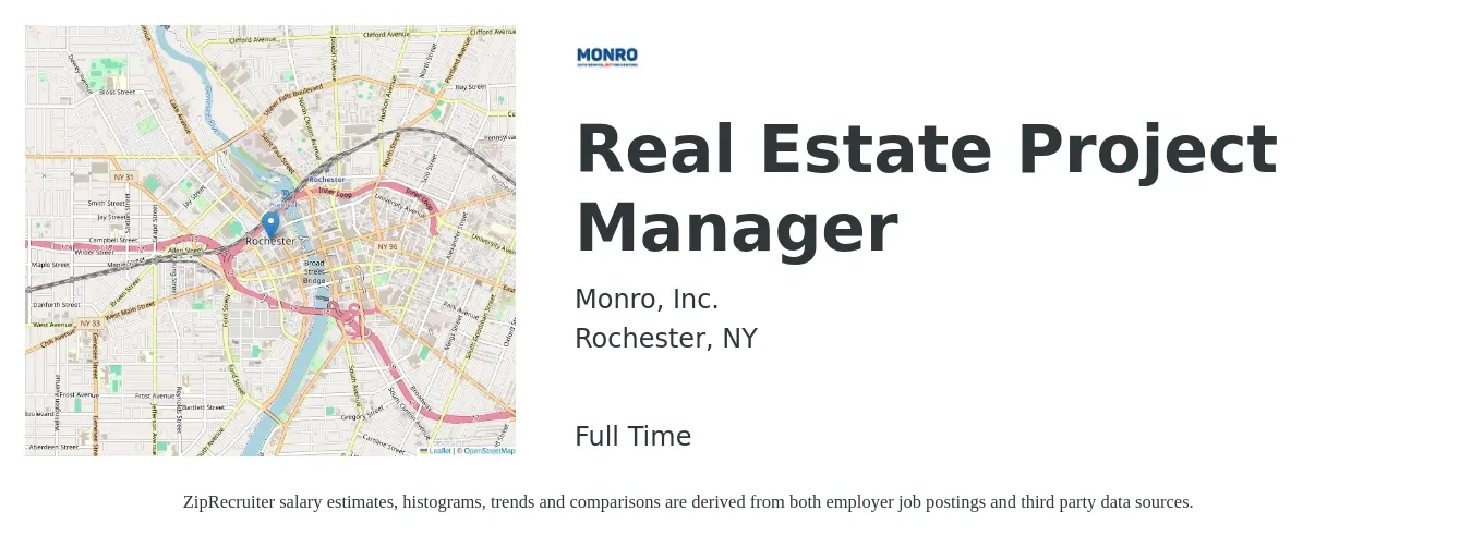Monro Inc. job posting for a Real Estate Project Manager in Rochester, NY with a salary of $75,000 to $85,000 Yearly with a map of Rochester location.