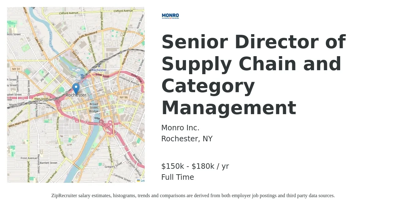 Monro Inc. job posting for a Senior Director of Supply Chain and Category Management in Rochester, NY with a salary of $150,000 to $180,000 Yearly with a map of Rochester location.