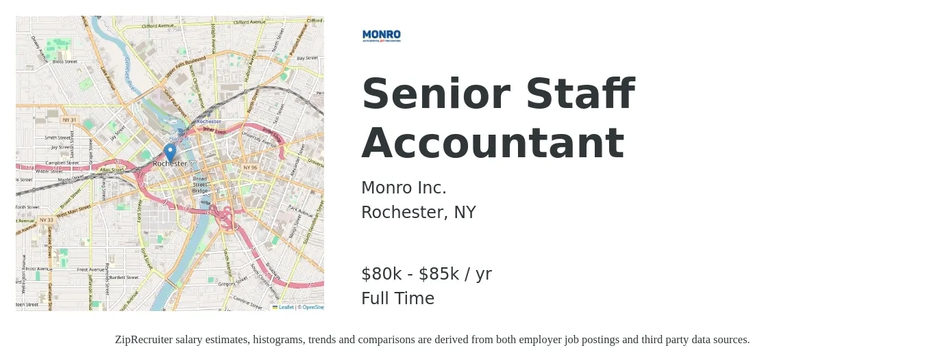 Monro, Inc. job posting for a Senior Staff Accountant in Rochester, NY with a salary of $80,000 to $85,000 Yearly with a map of Rochester location.