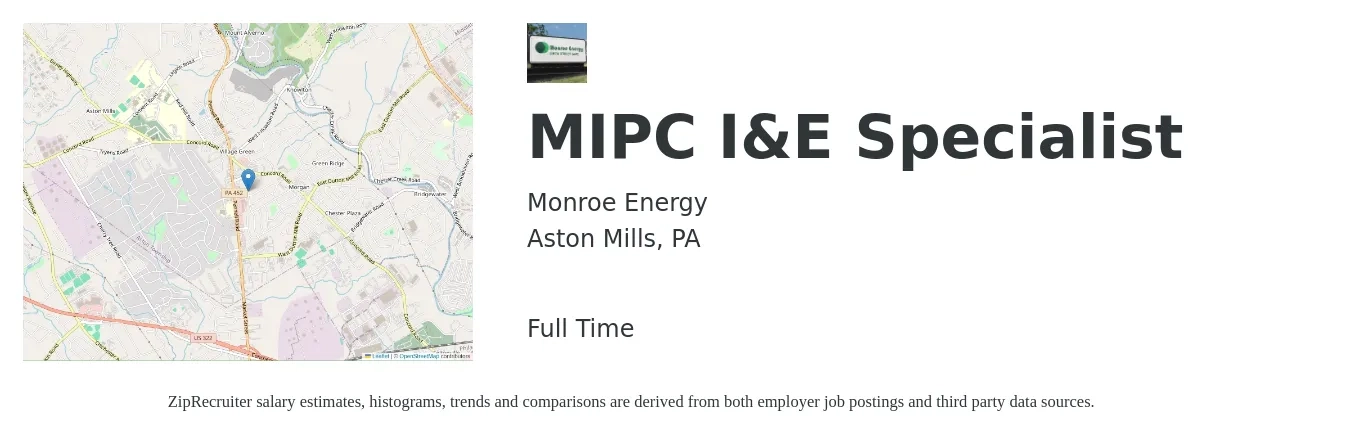 Monroe Energy job posting for a MIPC I&E Specialist in Aston Mills, PA with a salary of $45,300 to $85,800 Yearly with a map of Aston Mills location.