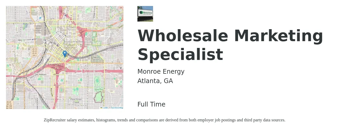 Monroe Energy job posting for a Wholesale Marketing Specialist in Atlanta, GA with a salary of $45,200 to $66,600 Yearly with a map of Atlanta location.