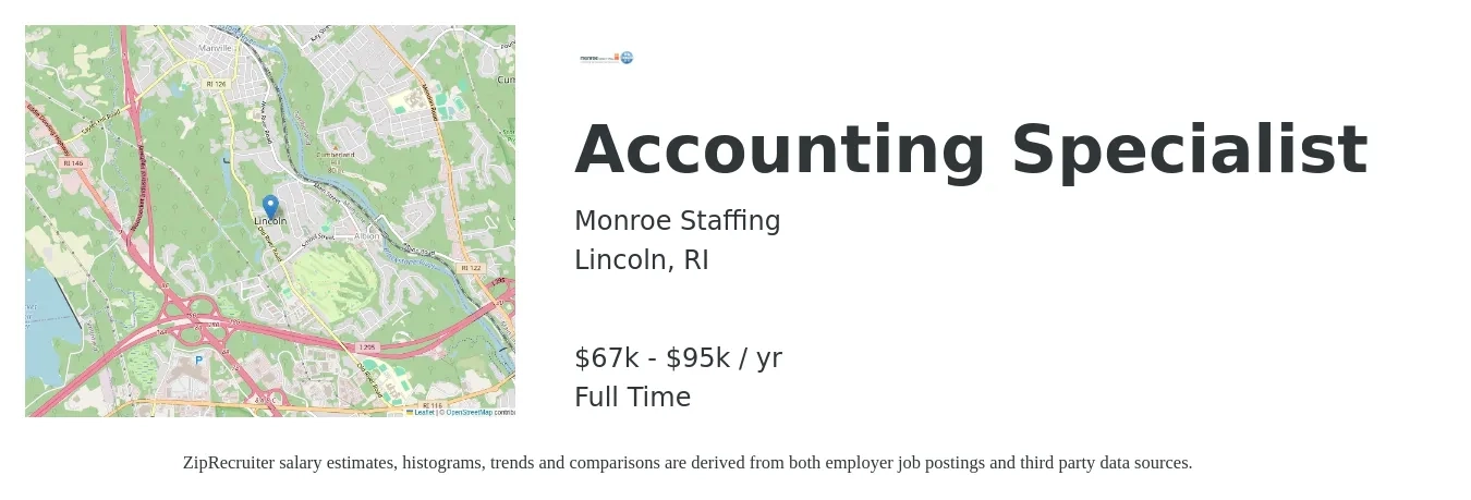 Monroe Staffing job posting for a Accounting Specialist in Lincoln, RI with a salary of $20 to $27 Hourly with a map of Lincoln location.