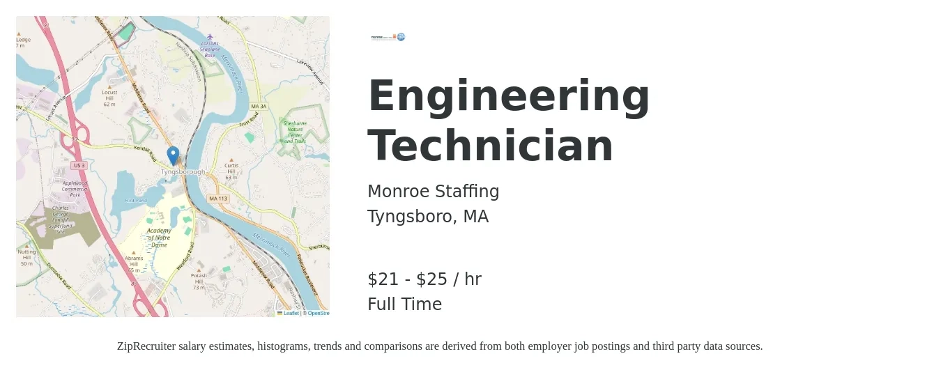 Monroe Staffing job posting for a Engineering Technician in Tyngsboro, MA with a salary of $22 to $26 Hourly with a map of Tyngsboro location.