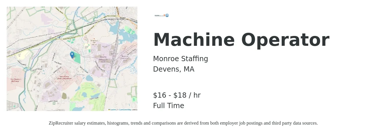 Monroe Staffing job posting for a Machine Operator in Devens, MA with a salary of $19 to $22 Hourly with a map of Devens location.