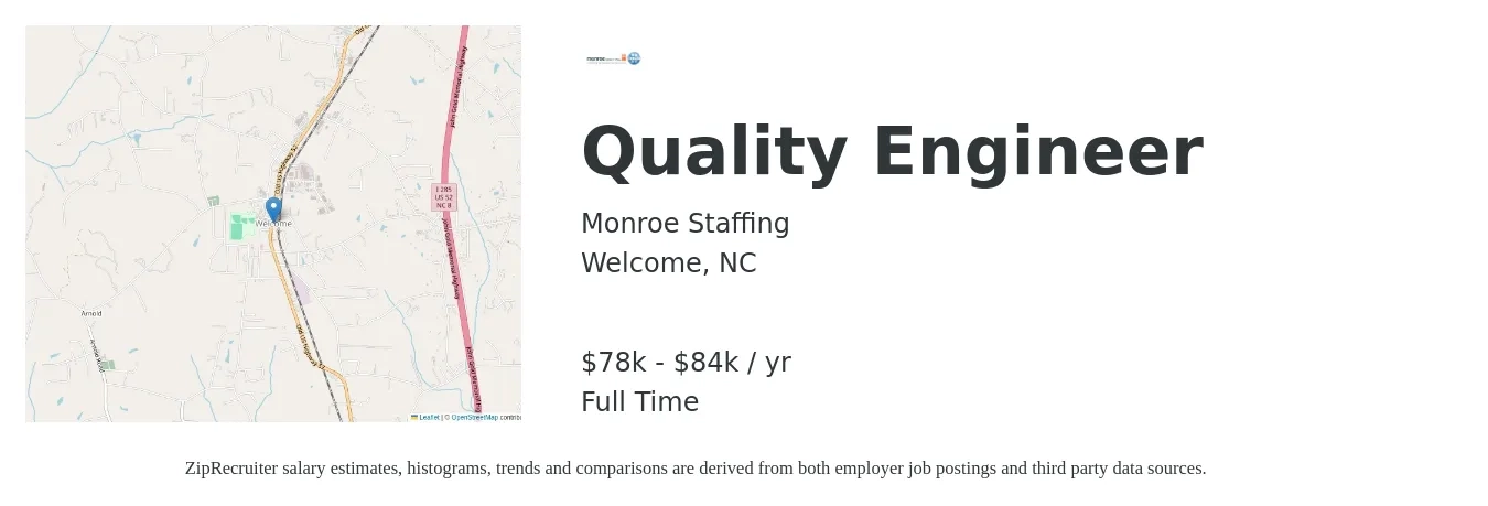 Monroe Staffing job posting for a Quality Engineer in Welcome, NC with a salary of $78 Hourly with a map of Welcome location.