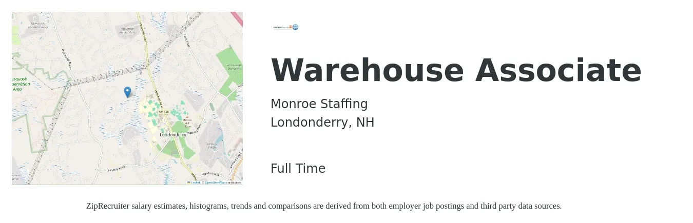 Monroe Staffing job posting for a Warehouse Associate in Londonderry, NH with a salary of $16 to $20 Hourly with a map of Londonderry location.