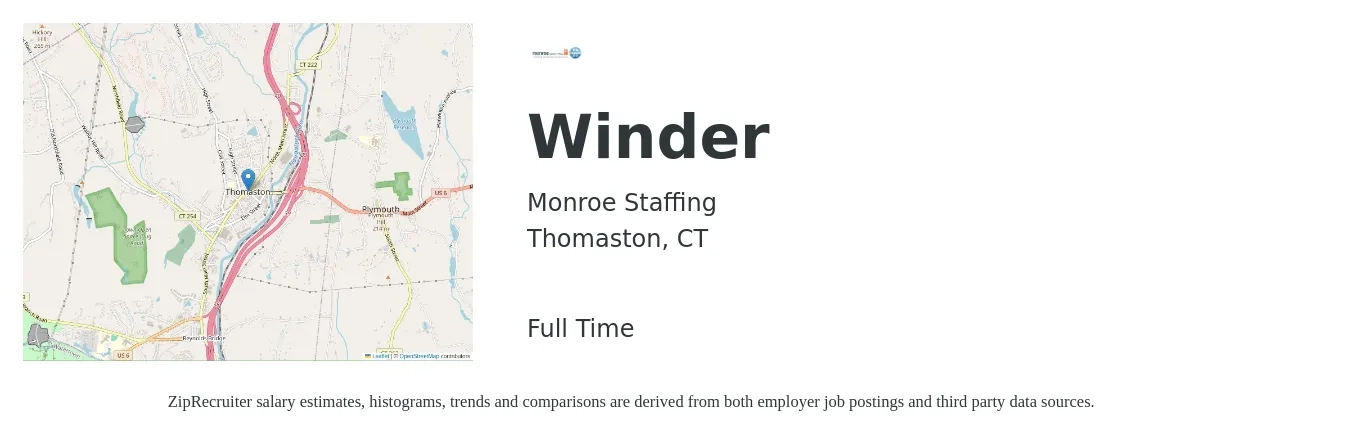 Monroe Staffing job posting for a Winder in Thomaston, CT with a salary of $18 to $24 Hourly with a map of Thomaston location.
