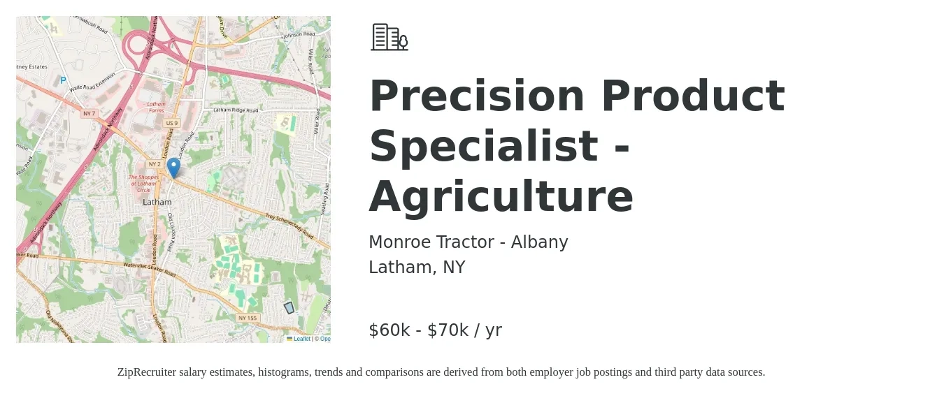 Monroe Tractor - Albany job posting for a Precision Product Specialist - Agriculture in Latham, NY with a salary of $60,000 to $70,000 Yearly with a map of Latham location.
