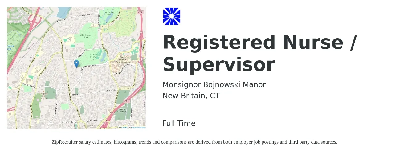 Monsignor Bojnowski Manor job posting for a Registered Nurse / Supervisor in New Britain, CT with a salary of $41 to $60 Hourly with a map of New Britain location.