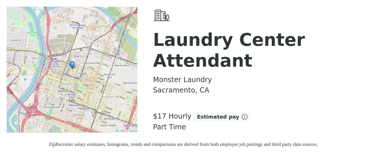 Monster Laundry job posting for a Laundry Center Attendant in Sacramento, CA with a salary of $18 Hourly with a map of Sacramento location.