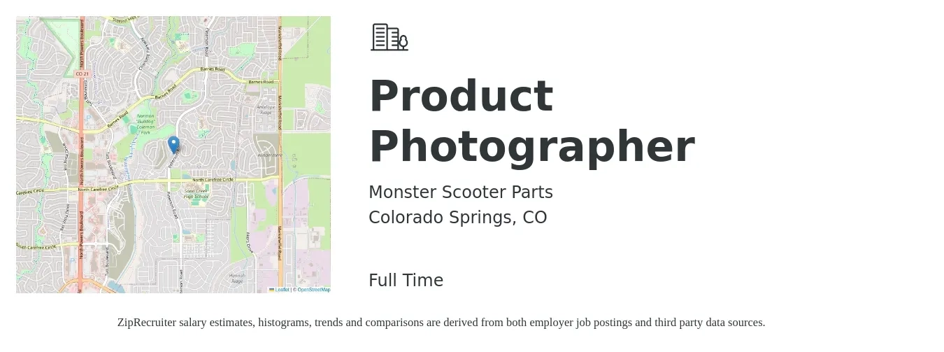 Monster Scooter Parts job posting for a Product Photographer in Colorado Springs, CO with a salary of $20 Hourly with a map of Colorado Springs location.