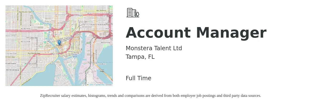 Monstera Talent Ltd job posting for a Account Manager in Tampa, FL with a salary of $45,400 to $74,200 Yearly with a map of Tampa location.