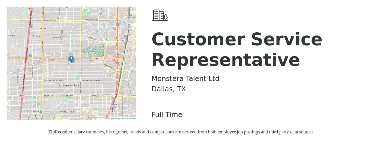Monstera Talent Ltd job posting for a Customer Service Representative in Dallas, TX with a salary of $850 to $1,100 Weekly with a map of Dallas location.