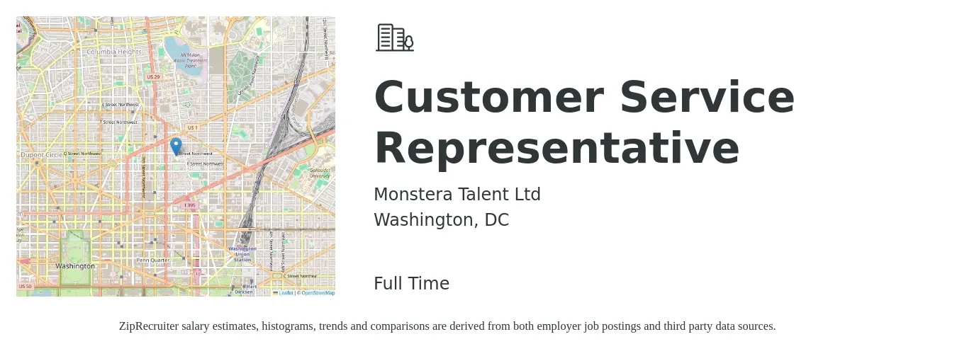 Monstera Talent Ltd job posting for a Customer Service Representative in Washington, DC with a salary of $18 to $25 Hourly with a map of Washington location.