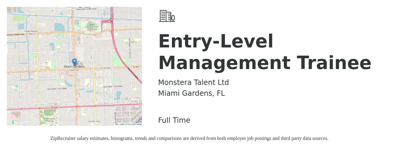 Monstera Talent Ltd job posting for a Entry-Level Management Trainee in Miami Gardens, FL with a salary of $14 to $23 Hourly with a map of Miami Gardens location.