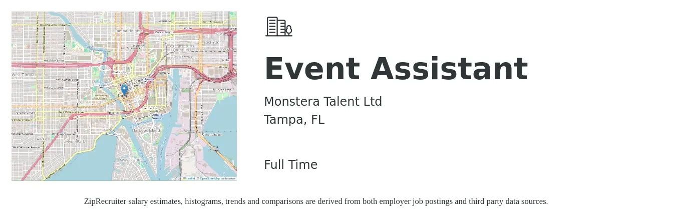 Monstera Talent Ltd job posting for a Event Assistant in Tampa, FL with a salary of $16 to $23 Hourly with a map of Tampa location.