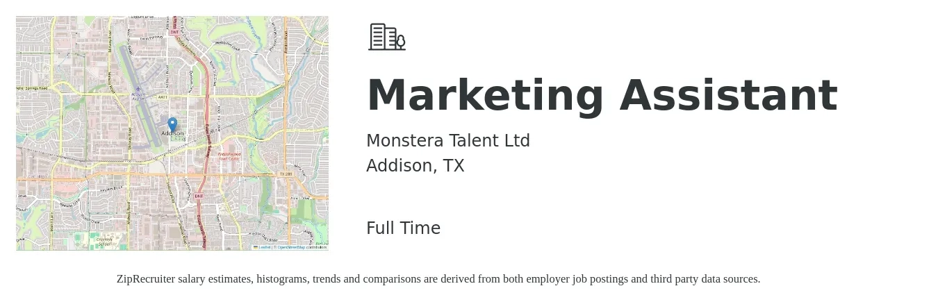 Monstera Talent Ltd job posting for a Marketing Assistant in Addison, TX with a salary of $38,700 to $48,900 Yearly with a map of Addison location.