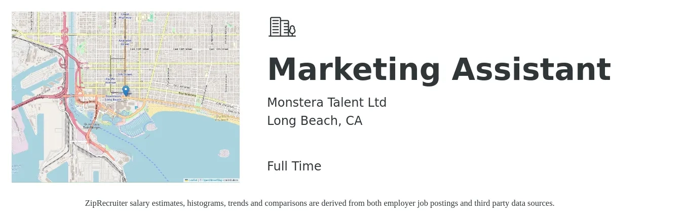 Monstera Talent Ltd job posting for a Marketing Assistant in Long Beach, CA with a salary of $42,100 to $53,100 Yearly with a map of Long Beach location.