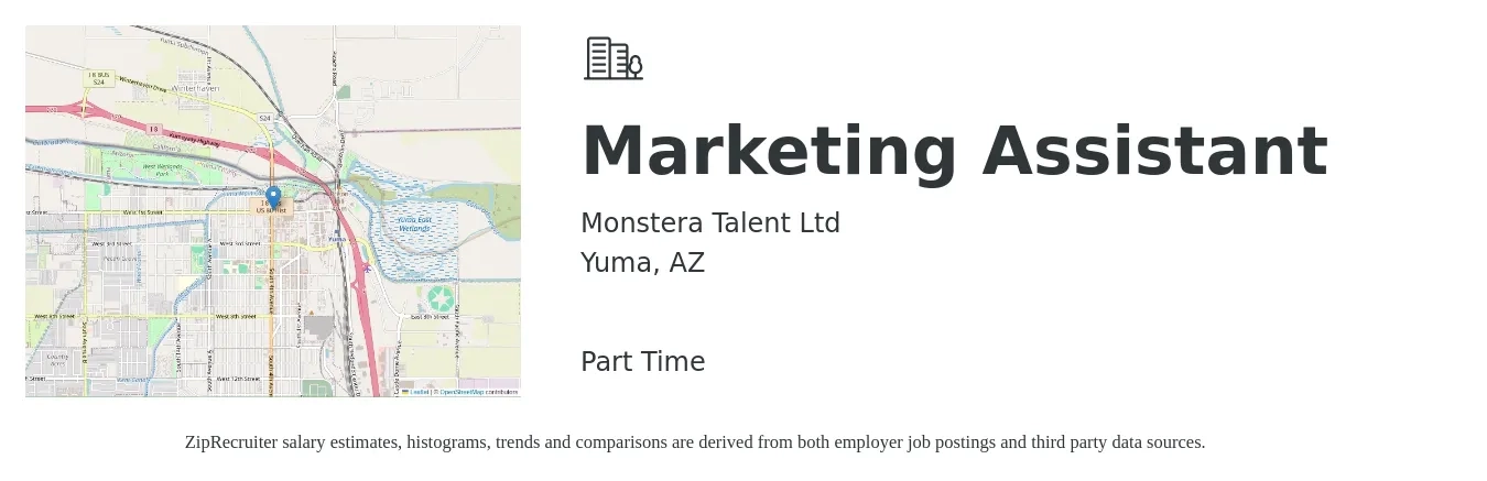Monstera Talent Ltd job posting for a Marketing Assistant in Yuma, AZ with a salary of $39,600 to $50,000 Yearly with a map of Yuma location.