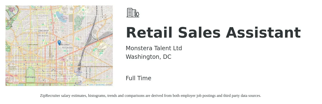Monstera Talent Ltd job posting for a Retail Sales Assistant in Washington, DC with a salary of $680 to $920 Weekly with a map of Washington location.