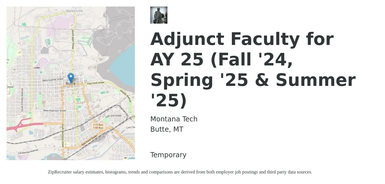 Montana Tech job posting for a Adjunct Faculty for AY 25 (Fall '24, Spring '25 & Summer '25) in Butte, MT with a salary of $36 to $68 Hourly with a map of Butte location.