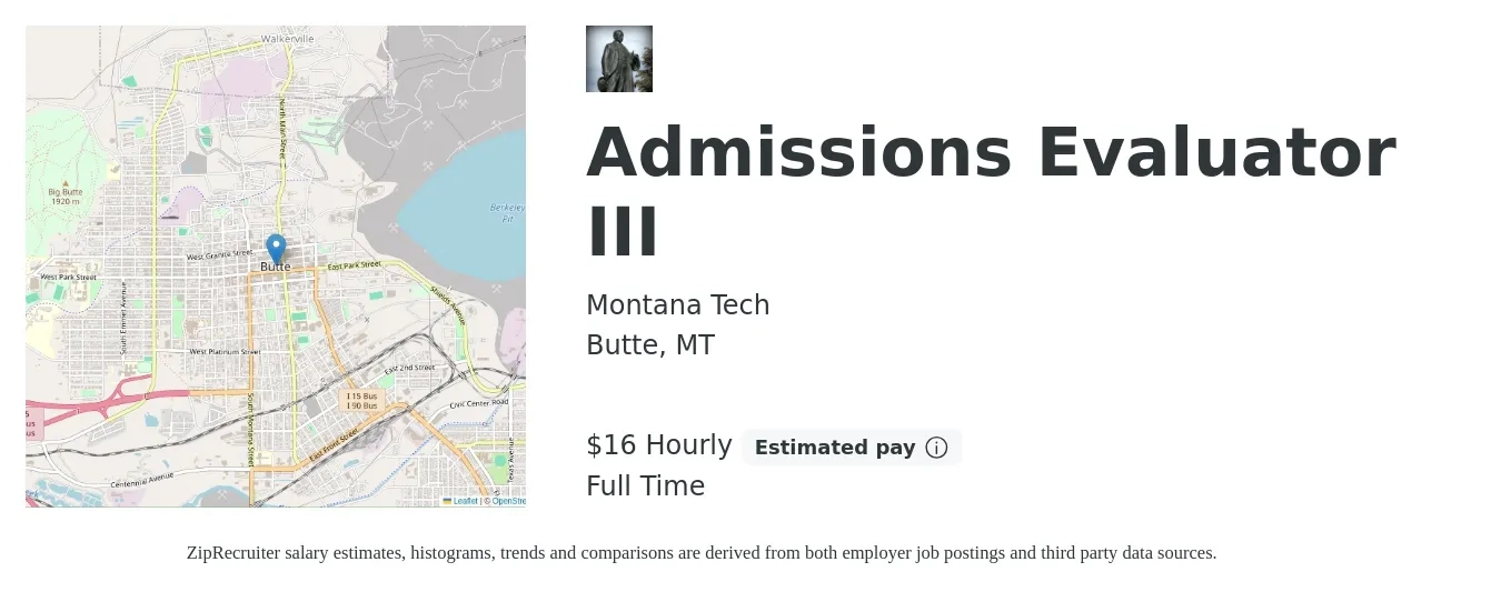 Montana Tech job posting for a Admissions Evaluator III in Butte, MT with a salary of $17 Hourly with a map of Butte location.