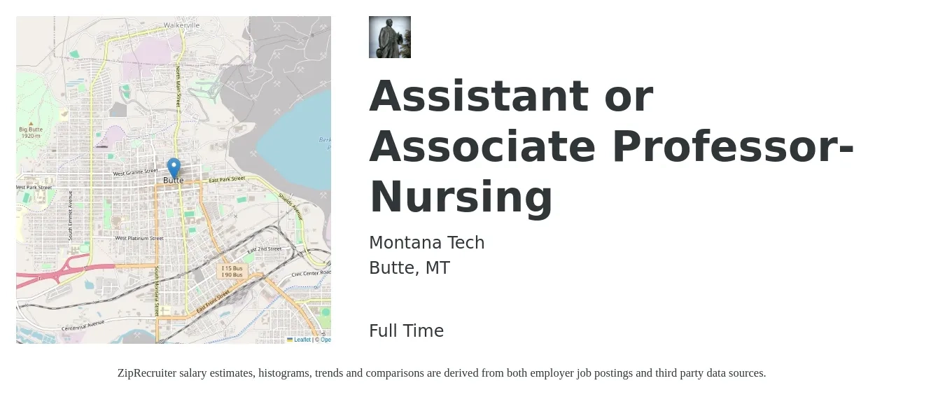 Montana Tech job posting for a Assistant or Associate Professor-Nursing in Butte, MT with a salary of $57,300 to $109,200 Yearly with a map of Butte location.