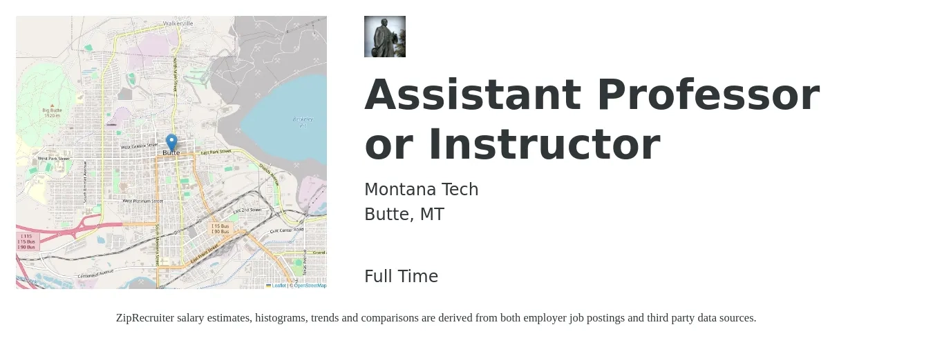 Montana Tech job posting for a Assistant Professor or Instructor in Butte, MT with a salary of $58,200 to $88,800 Yearly with a map of Butte location.