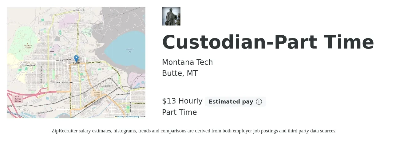Montana Tech job posting for a Custodian-Part Time in Butte, MT with a salary of $14 Hourly with a map of Butte location.