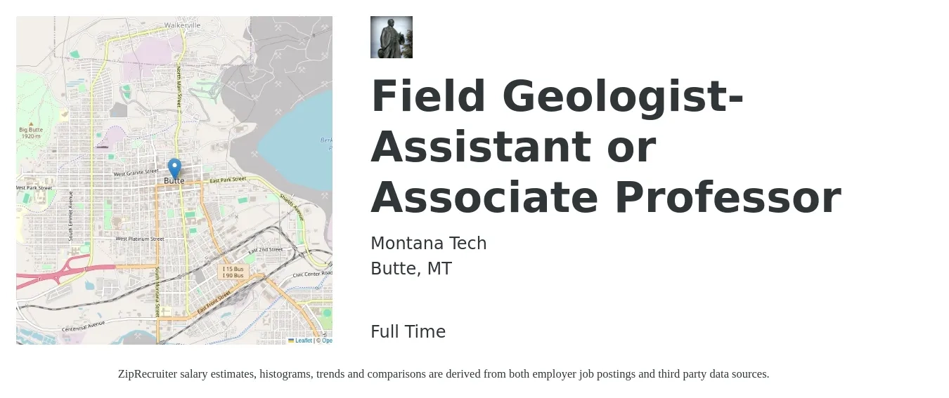 Montana Tech job posting for a Field Geologist-Assistant or Associate Professor in Butte, MT with a salary of $54,400 to $90,300 Yearly with a map of Butte location.