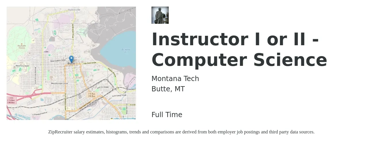 Montana Tech job posting for a Instructor I or II - Computer Science in Butte, MT with a salary of $24 to $39 Hourly with a map of Butte location.