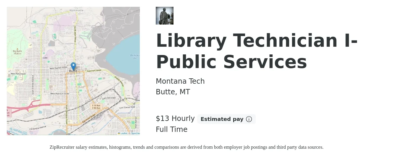 Montana Tech job posting for a Library Technician I-Public Services in Butte, MT with a salary of $14 Hourly with a map of Butte location.