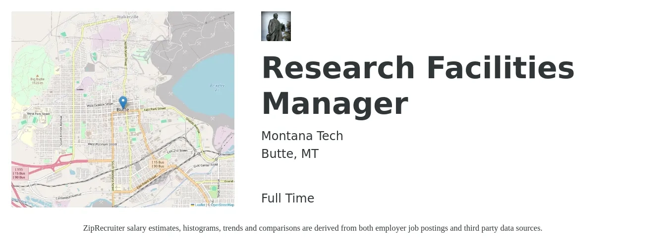 Montana Tech job posting for a Research Facilities Manager in Butte, MT with a salary of $52,400 to $86,900 Yearly with a map of Butte location.