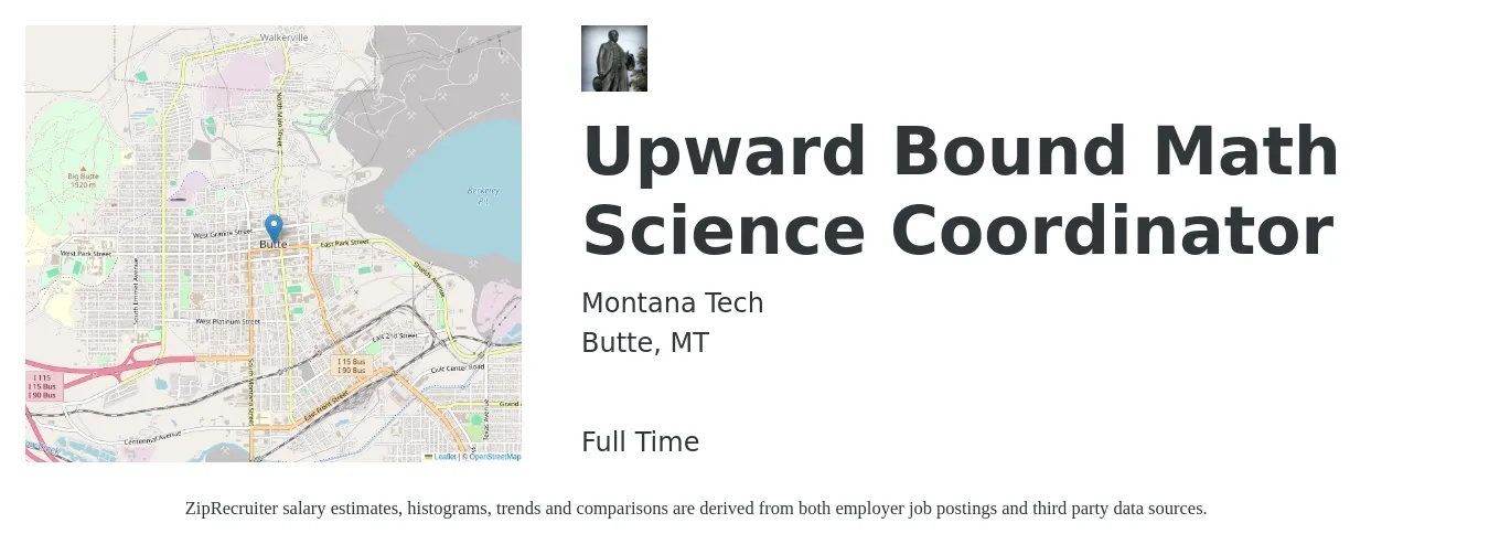 Montana Tech job posting for a Upward Bound Math Science Coordinator in Butte, MT with a salary of $41,300 to $62,600 Yearly with a map of Butte location.