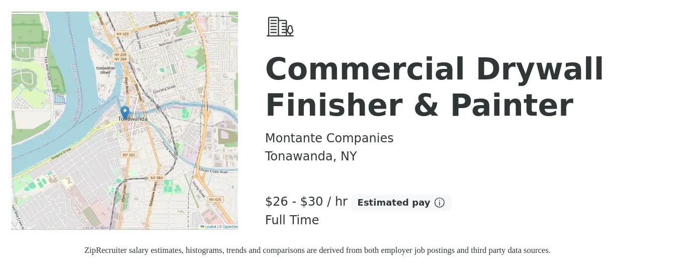 Montante Companies job posting for a Commercial Drywall Finisher & Painter in Tonawanda, NY with a salary of $28 to $32 Hourly with a map of Tonawanda location.