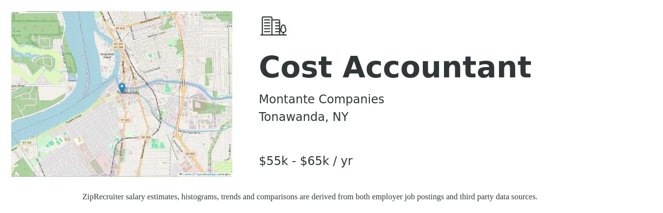 Montante Companies job posting for a Cost Accountant in Tonawanda, NY with a salary of $55,000 to $65,000 Yearly with a map of Tonawanda location.